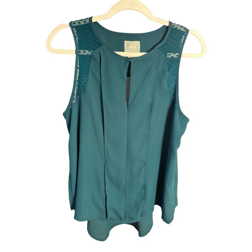Maeve Anthropologie Teal Sleeveless Pleated Swiss Dot Mesh Blouse Size 8